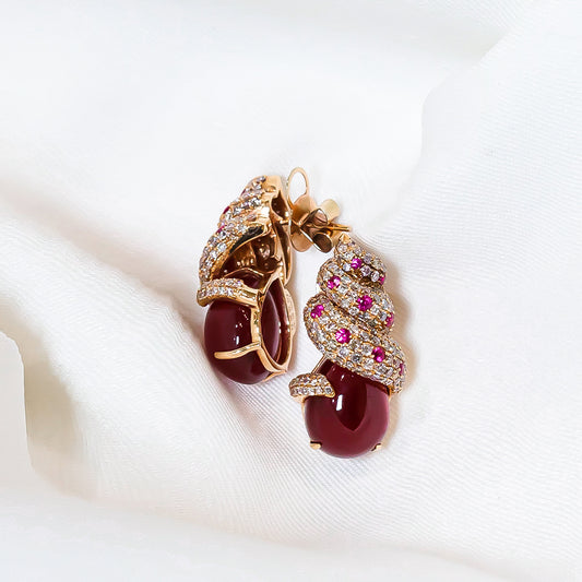 Cabochon Red Ruby Earring set in 18K Rose Gold