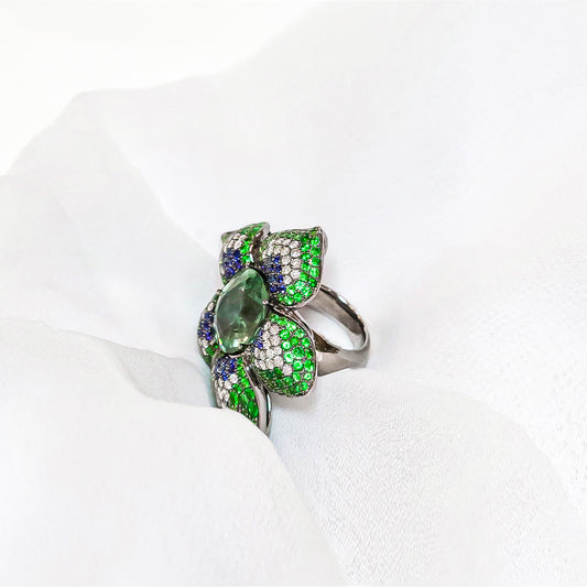 Tourmaline Ring set in 18K Gold, Tsavourite, Diamonds & Blue Sapphires
