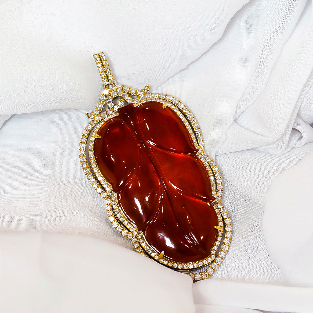 Rare Red Translucent Jadeite Pendant in 18K Yellow Gold & Diamonds