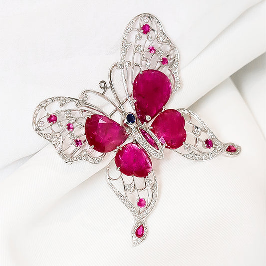 Ruby & Diamond Butterfly Brooch set in 18K White Gold